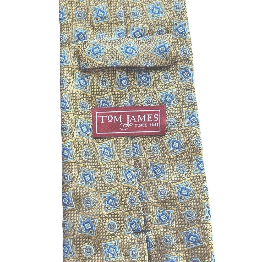 Tom James Tie 100% Silk‎ Mens Gold Blue Made In USA Office Work Designer Necktie